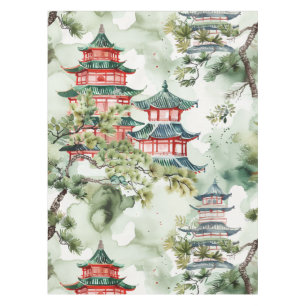 Watercolor Asian Pagoda in Verdant Landscape (4) Tablecloth
