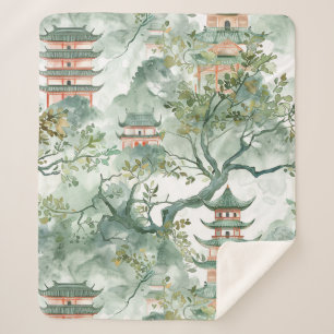 Watercolor Asian Pagoda in Verdant Landscape (5) Sherpa Blanket