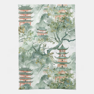 Watercolor Asian Pagoda in Verdant Landscape (5) Tea Towel