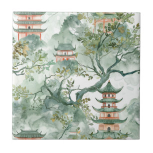Watercolor Asian Pagoda in Verdant Landscape (5) Tile