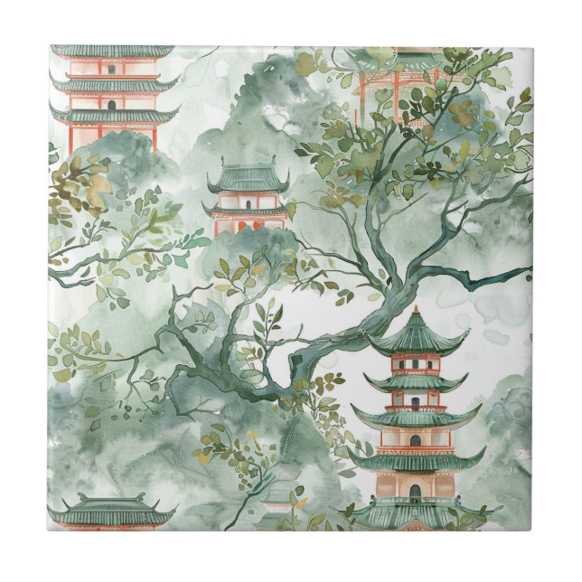 Watercolor Asian Pagoda in Verdant Landscape (5) Tile (Front)