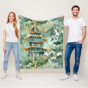 Watercolor Asian Pagoda in Verdant Landscape (6) Fleece Blanket