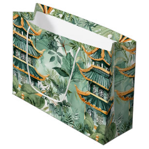 Watercolor Asian Pagoda in Verdant Landscape (6) Large Gift Bag