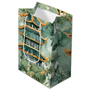 Watercolor Asian Pagoda in Verdant Landscape (6) Medium Gift Bag