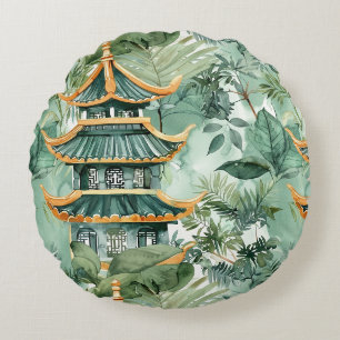 Watercolor Asian Pagoda in Verdant Landscape (6) Round Cushion