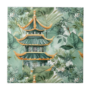 Watercolor Asian Pagoda in Verdant Landscape (6) Tile