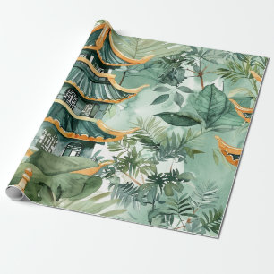 Watercolor Asian Pagoda in Verdant Landscape (6) Wrapping Paper