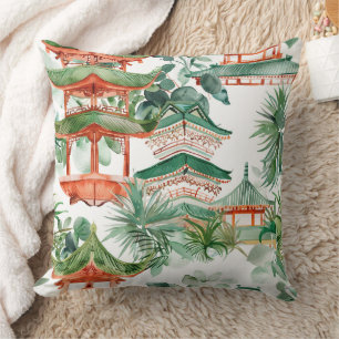 Watercolor Asian Pagoda in Verdant Landscape (7) Cushion