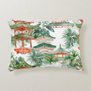 Watercolor Asian Pagoda in Verdant Landscape (7) Decorative Cushion
