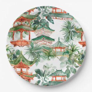 Watercolor Asian Pagoda in Verdant Landscape (7) Paper Plate