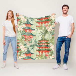 Watercolor Asian Pagoda in Verdant Landscape (8) Fleece Blanket