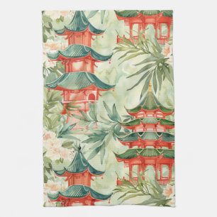 Watercolor Asian Pagoda in Verdant Landscape (8) Tea Towel