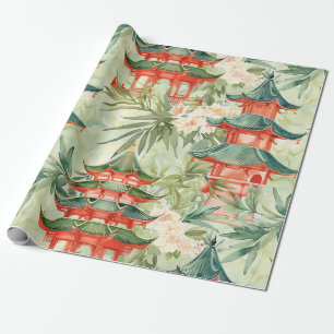 Watercolor Asian Pagoda in Verdant Landscape (8) Wrapping Paper