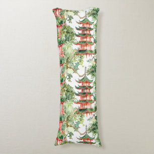 Watercolor Asian Pagoda in Verdant Landscape (9) Body Cushion
