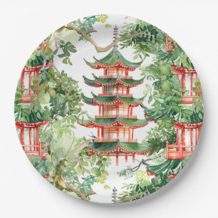Watercolor Asian Pagoda in Verdant Landscape (9) Paper Plate