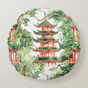 Watercolor Asian Pagoda in Verdant Landscape (9) Round Cushion