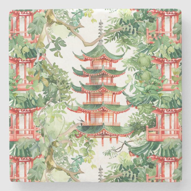 Watercolor Asian Pagoda in Verdant Landscape (9) Stone Coaster (Front)