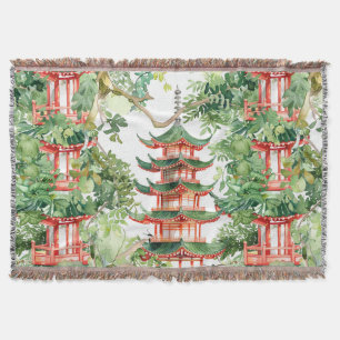 Watercolor Asian Pagoda in Verdant Landscape (9) Throw Blanket