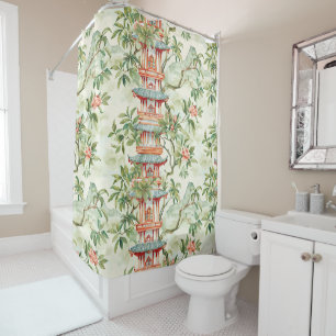 Watercolor Asian Pagoda in Verdant Landscape Shower Curtain