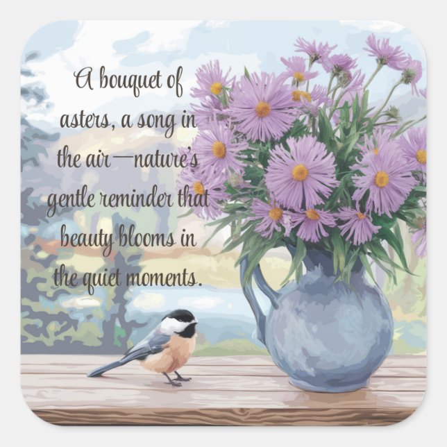 Watercolor Asters and Chickadee Quote Square Sticker (Front)