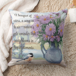 Watercolor Asters and Chickadee Quote Throw Pillow
