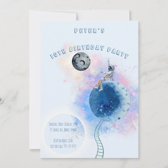 Watercolor Astronaut And Space Birthday invitation (Front)