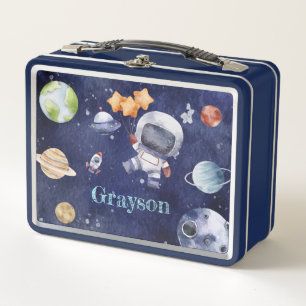 Watercolor Astronaut Galaxy Planet Kids Metal Lunch Box