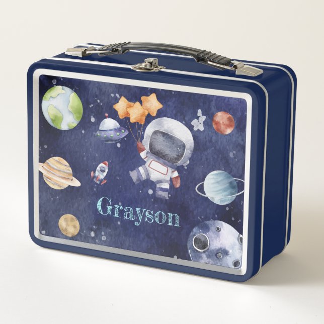 Watercolor Astronaut Galaxy Planet Kids Metal Lunch Box (Front)