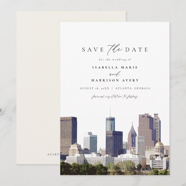 Watercolor Atlanta Georgia Skyline Save the Date Invitation (Front/Back)
