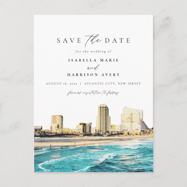 Watercolor Atlantic City New Jersey City Skyline Postcard (Front)