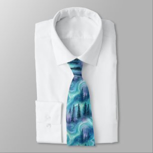 Watercolor Aurora Borealis Forest (1) Tie