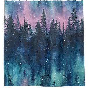 Watercolor Aurora Borealis Forest (3) Shower Curtain