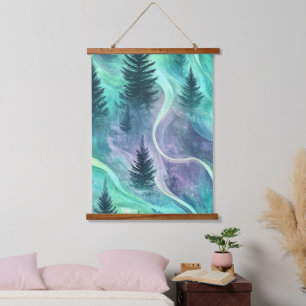 Watercolor Aurora Borealis Forest (5) Hanging Tapestry
