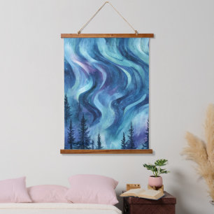 Watercolor Aurora Borealis Forest (6) Hanging Tapestry