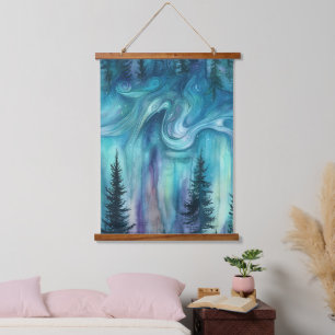 Watercolor Aurora Borealis Forest (8) Hanging Tapestry