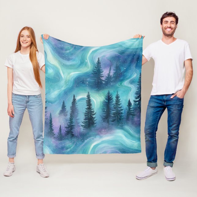 Watercolor Aurora Borealis Forest Fleece Blanket (In Situ)