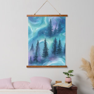 Watercolor Aurora Borealis Forest Hanging Tapestry