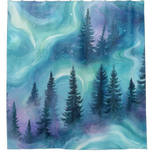Watercolor Aurora Borealis Forest Shower Curtain
