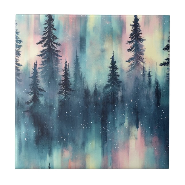 Watercolor Aurora Borealis Forest Tile (Front)