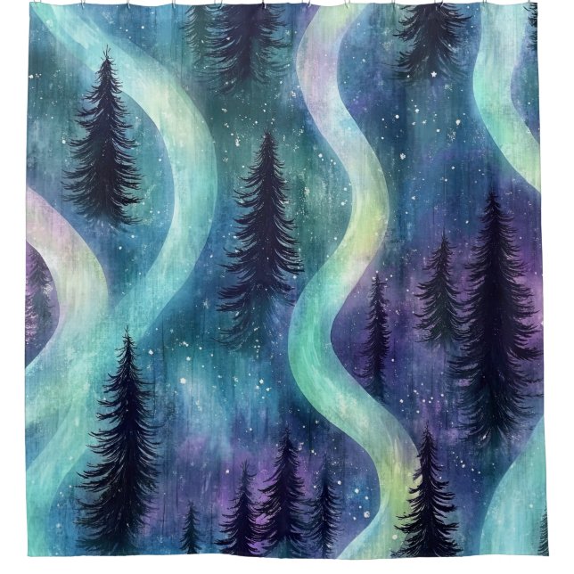 Watercolor Aurora Forest Pattern Shower Curtain (Front)