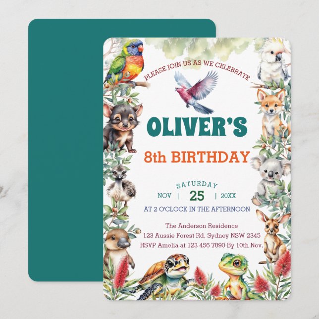 Watercolor Australian Baby Animals Birthday Party Invitation (Front/Back)