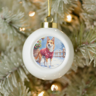 Watercolor Australian Cattle Dog Rustic Garland Ceramic Ball Christmas Ornament