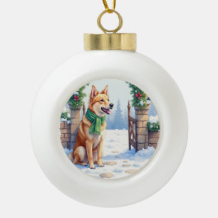 Watercolor Australian Kelpie Countryside Gate Ceramic Ball Christmas Ornament