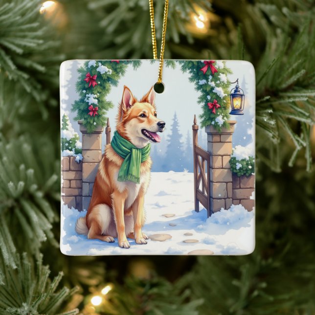 Watercolor Australian Kelpie Countryside Gate Ceramic Ornament (Tree)