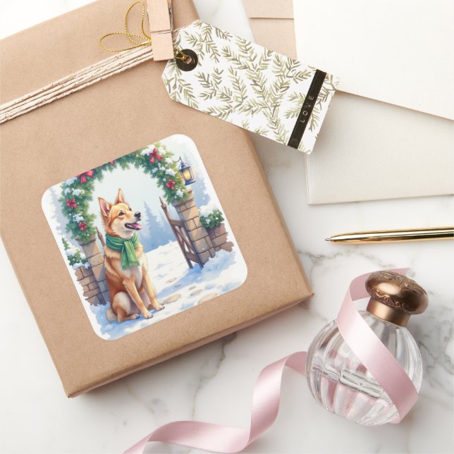 Watercolor Australian Kelpie Countryside Gate Square Sticker (Gifting)