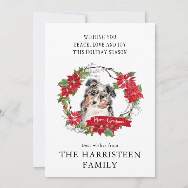 Watercolor Australian Shepherd Poinsettia Wreath Holiday Card (Front)