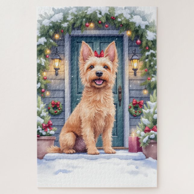 Watercolor Australian Silky Terrier Snowy Doorstep Jigsaw Puzzle (Vertical)
