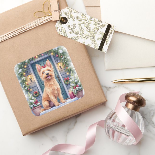 Watercolor Australian Silky Terrier Snowy Doorstep Square Sticker (Gifting)