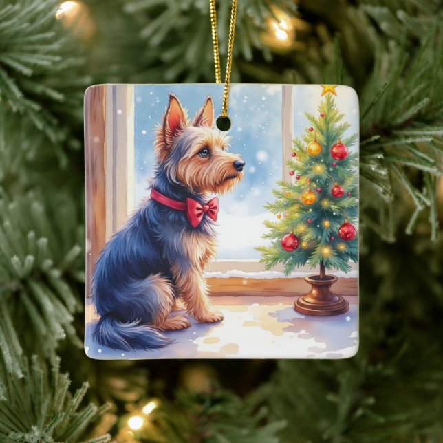 Watercolor Australian Terrier Tabletop Christmas Ceramic Ornament (Tree)