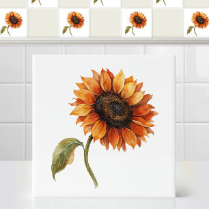 Watercolor Autumn Beauty Orange Sunflower Floral Tile